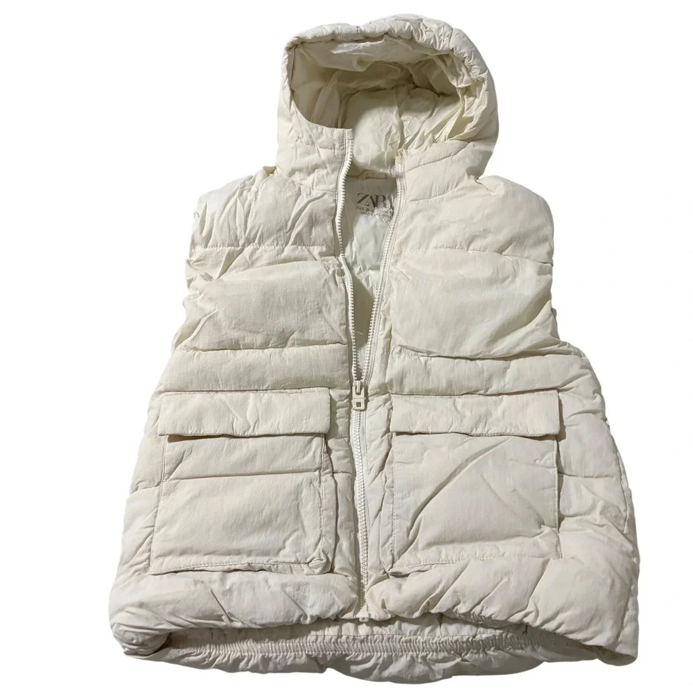 Zara Kids Hooded Puffer Vest Cream Off-White Full Zip Pockets Sz 8-9 Years 130